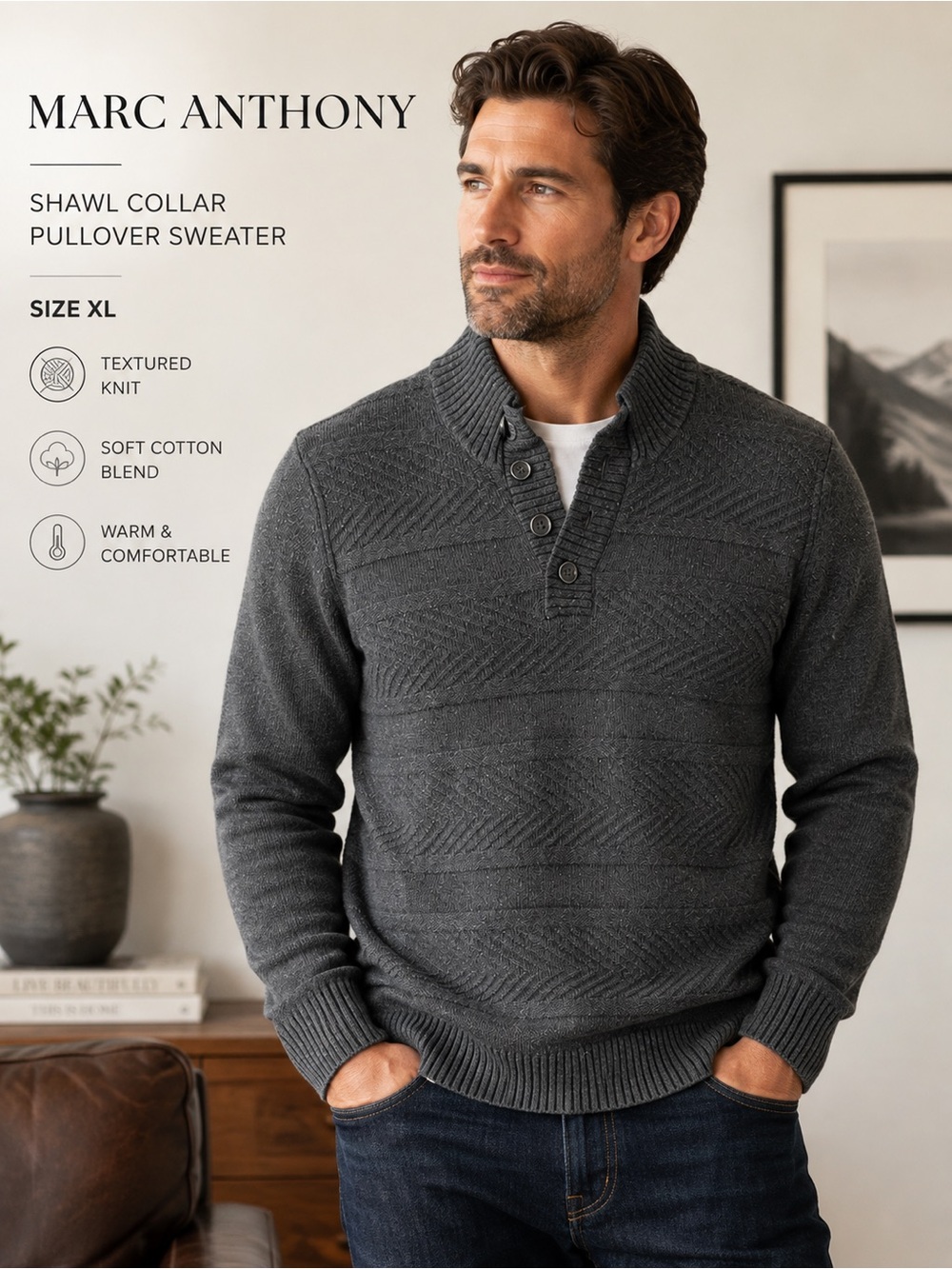 Marc Anthony Alpaca Blend Shawl Collar Knit Pullover Sweater Gray XL